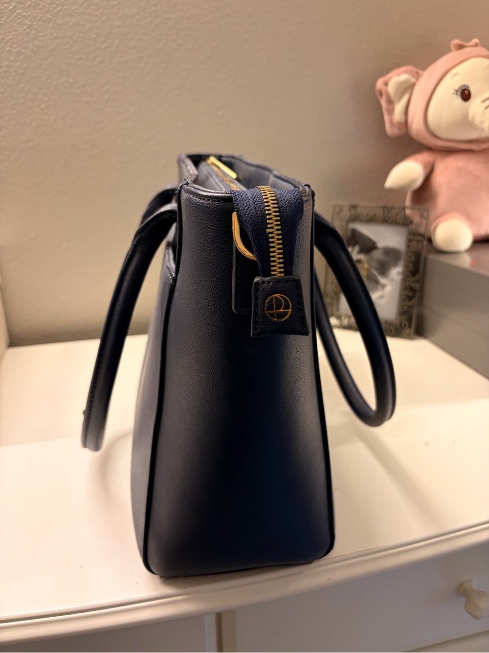 Women’s Navy laptop tote with inside compartment for laptop, gold hardware
